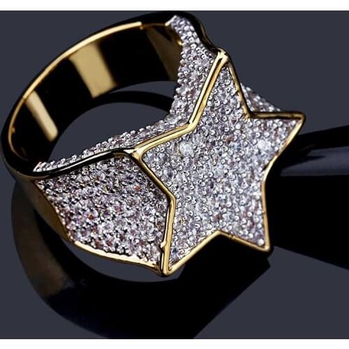 Hip Hop Micro Pave AAA Cubic Zirconia Bling Iced Out Pentagon Five Pointed Star Rings for Women Men Rapper Jewelry Gold Color