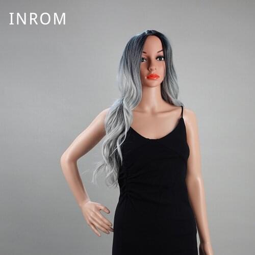 INROM Synthetic Long 24 inches Body Wave Silver Grey Ombre Wigs for Black White Women Heat Resistant Party Costume Halloween