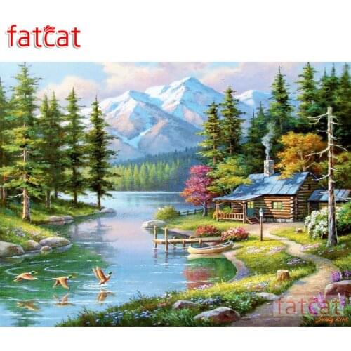 FATCAT 5d diy diamond painting hut river scenery mountain full square round drill diamond embroidery sale mosaic art AE2185