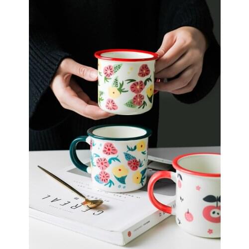 Imitation Enamel Cup Ceramic Coffee Mug Cup Breakfast Cup Tea Cup with Handle Household Milk Water Ceramic Mug for Office Travel