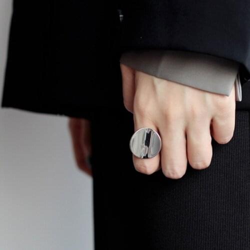 Genuine S925 Sterling Silver Round Ring Exaggerated Concave Big Mirror Silver Finger Ring 925 Fine Jewelry Opening