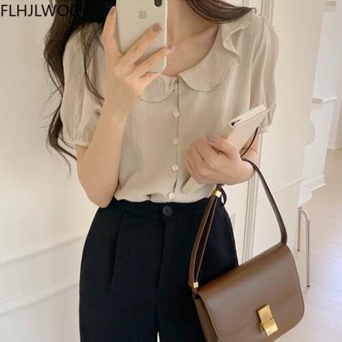 Korea Chic Tops Blusas Women Fashion Flhjlwoc Japanese Style Peplum Design Ruffled Peter Pan Collar Solid Green Blouse Shirts