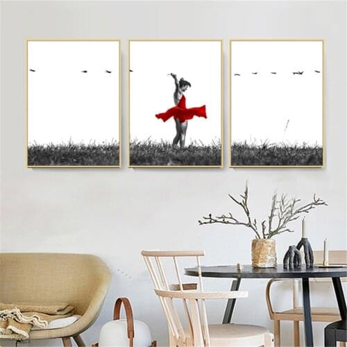 Red Dress Dancing Girl Birds Poster Canvas Print Painting Wall Art Living Room Home Decoration