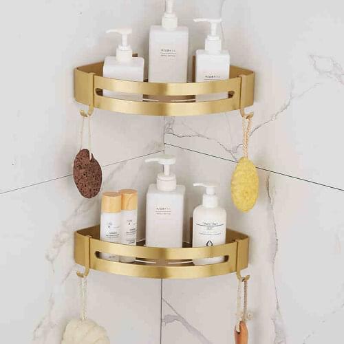 Brushed Gold Metal Bathroom Corner Shelf Wall Mounted Storage Rack Holder Square Single or Double Rack