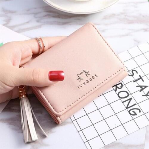 New Short Mini Women Wallet Ladies Tassel Pendant Cute Cartoon Letter Design Trifold Card Package Coin Purse PU Leather B111