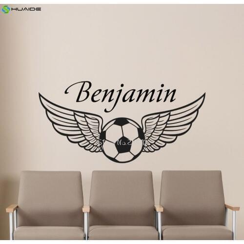 Personalized Boys Name Football Wall Sticker Removable Vinyl Custom Name Soccer With Flying Wings GYM Sport Logo Wall Decal A498