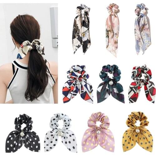 Boho Floral Chiffon Bow Scarf Hair Scrunchies Beach Pearl Ponytail Holder Elastic Hair Tie Stripe Dot For Women Fashion Headband