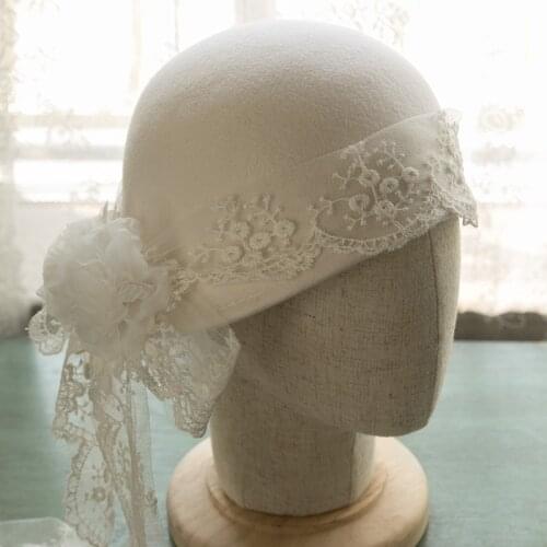 Luxury Lace Flower Bow Casquette Cap 100% Wool Felt Beret White Woolen Pillbox Cap Winter SPring European Women Party Formal Hat