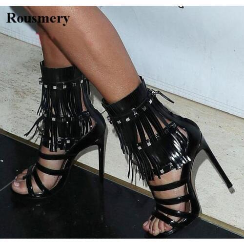 Hot Selling Women Fashion Open Toe Black Patent Leather Strap Tassels Gladiator Sandals Cut-out Spike Thin Heel Fringes Sandals