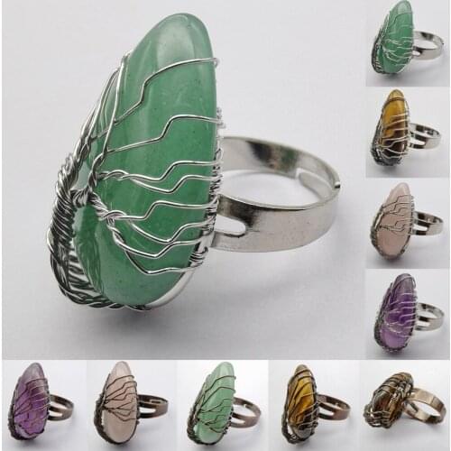 Lucky Handmade Tree Of Life Tigereye Aventurine Crystal Stone GEM Wire Wrap Finger Ring Jewelry For Woman Gift Size 8-9 1PCS
