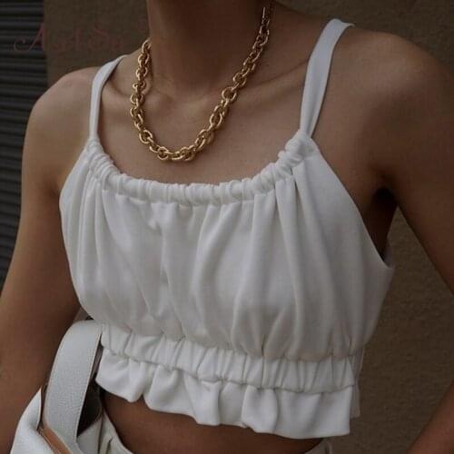 ArtSu Spaghetti Straps Draped Solid Slim Tank Tops Women Back Lace Up Hollow Out Ruffles White Summer Crop Top Sexy Club Tops