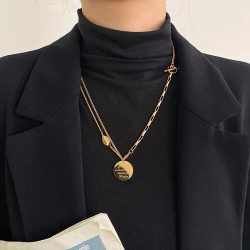 U-Magical Minimalist Circle Geometric Asymmetry Pendant Necklace for Women Gold Double-Layer Metal Chunky Chain Necklace Jewelry