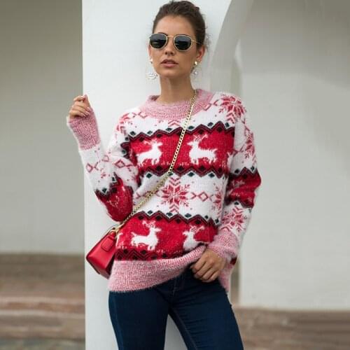 Womens Christmas Sweater Autumn Winter Round Neck Fashion Hoiliday Knitted Pullover Shirts Snowflake Reindeers Jumpers