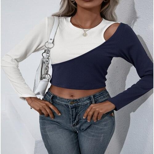 Womens Crop Top Autumn Hollow Out O-Neck Long Sleeve T-Shirts Womens Clothing 2021 Color Matching Y2K Ropa Mujer Kawaii Tops