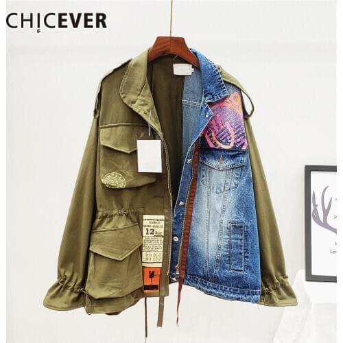 CHICEVER Print Patchwork Coat For Women Lapel Collar Lantern Long Sleeve Drawstring Lace Up Hit Color Denim Coats Female 2020