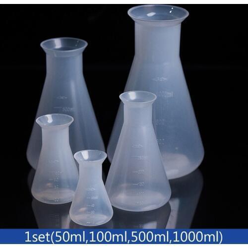 4pcs/set Plastic conical flask Measuring Triangle flask Wide mouth plastic shaker laboratory Kitchen (50ml,100ml,500ml,1000ml)