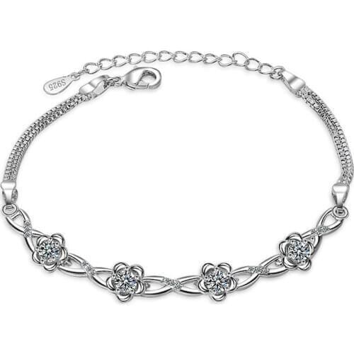 925 Sterling Silver Double Layer Crystal Flower Charm Bracelet &Bangle For Women Link Chain Wedding Jewelry sl075