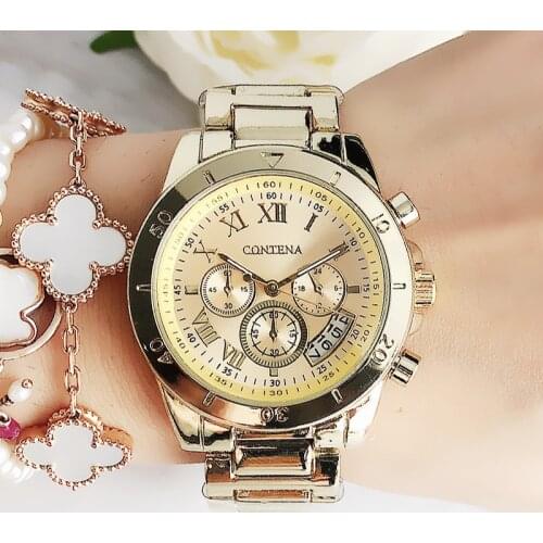 Contena Womens Watches Stainless Steel Quartz-watch Gold Wrist Watch Original Luxury Brand Geneva Ladies Watches Womens Clock