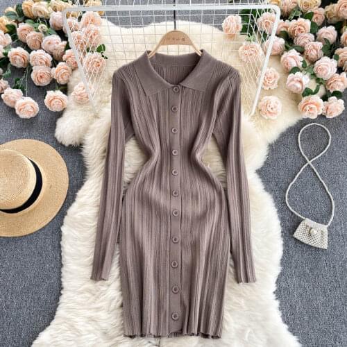 Croysier Autumn Clothes 2021 Fashion Women Polo Neck Long Sleeve Mini Dress Front Button Sexy Party Ribbed Knitted Bodycon Dress