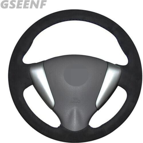 Car Steering Wheel Cover For Nissan Versa 2019-2015 Versa Note 2018-2014 Tiida Sylphy 2015-2012 Black Hand-stitched Suede