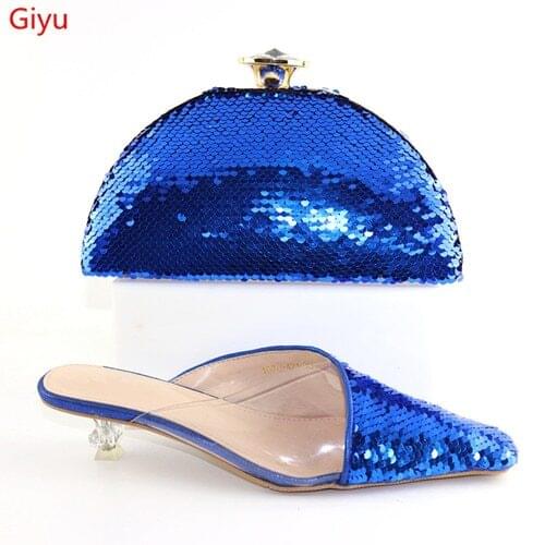 Doershow New Arrival African Wedding Shoes and Bag Set blue Color Italian Shoes with Matching Bags Nigerian Women party!!SLO1-74