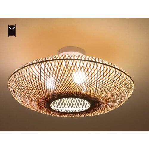50cm Round Bamboo Wicker Rattan Semi Flush Mount Ceiling Light Fixutre Country Vintage Low Plafon Lamp Foyer Living Room Bedroom