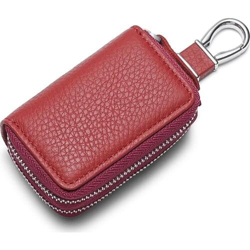 Hot Sell Double Zipper Keychain Car Key Bag Genuine Leather Car Key Wallet Keys Holder Pouch Cover