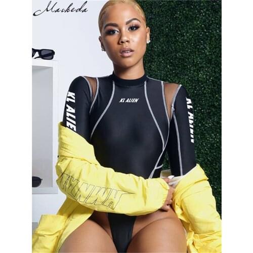 Macheda Sexy Mesh Patchwork Sheer Bodysuit Women 2019 Black Skinny Long Sleeve Letter Printing Female Casual Basic Bodysuits