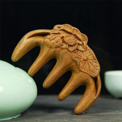 Green Sandalwood Massage Comb Carved Lotus Head Meridian Scraping Wide Tooth Comb Blood Circulation Acupoint Gua Sha Health Care