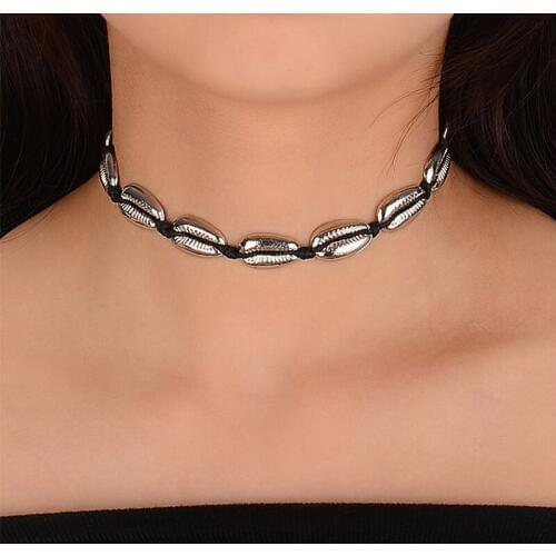 Metallic Golden Silver Plated Shell Beads Short Strand Necklace Black Rope Choker for Women