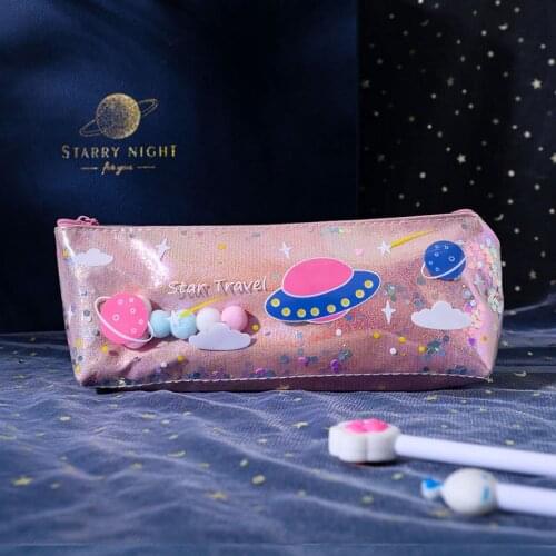 Kawaii Laser Pencil Bags Pu Waterproof Pen Bag Creative Planet Quicksand Pencil Case Student Personality Stationery Supplies