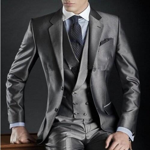 Latest Coat Pant Designs Grey single Breasted Satin Men Suits 2019 Italian Jacket Custom Groom Slim Fit Tuxedo 3 Pieces men suit