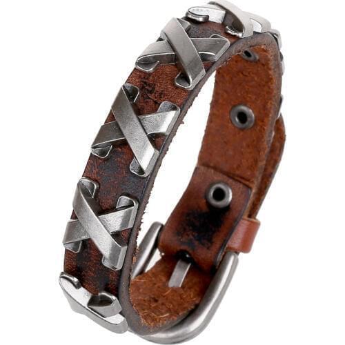 Punk Letters Handmade Men Bracelets Cow Leather Bracelet Retro Cuff Rope Bangles Cowboy Wristband Belt Buckle Vintage Jewelry