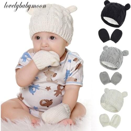 New Baby Kids Girls Boys Winter Warm Knit Hat Ear Solid Warm Cute Glove 2pcs Lovely Beanie Cap 0-18M