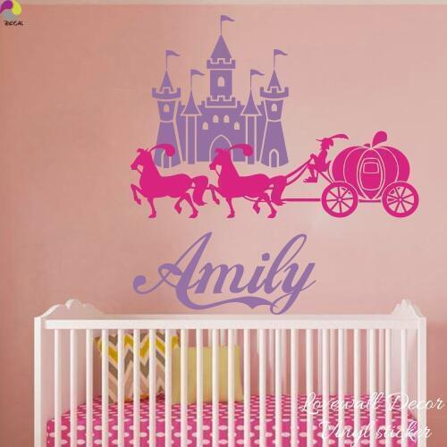 Custom Name Castle Carriage Pony Wall Sticker Girl Room Baby Nursery Personalize Princess Name Wall Decal Bedroom Children Room