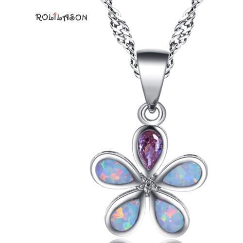 ROLILASON Flower Desgin White Fire Opal Pink Zircon silver color Pendant Necklaces for Women Fashion Jewelry OP797