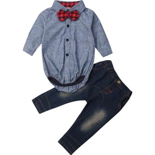 Citgeett Autumn Toddler Baby Boys Wedding Party Long Sleeves Shirt Romper Denim Pants Set Suit Formal Outfits Gentle Clothes