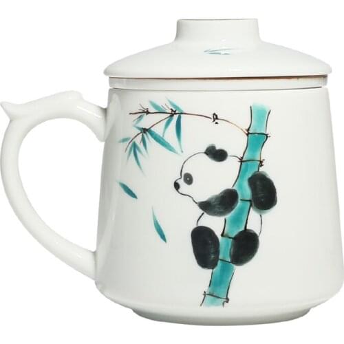 Hand Painted Cute Panda Water Cup Kung Fu Tea Set Ceramic Tea Brewing Cup with Cover Strain Girls Mug Office Cup