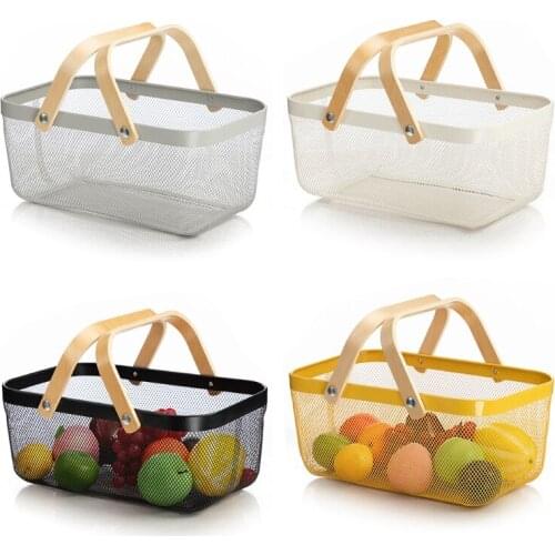 Nordic Metal Mesh Fruit Basket Bin with Double Wooden Handle Multi-functional Wrought Iron Wire Rectangle Kitchen Storage Supply