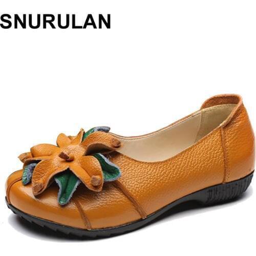 SNURULAN SummerAutumn Fashion Flower Design Round Toe Solid Color Flat Shoes Vintage Genuine Leather Women Flats Girl LoaferE054
