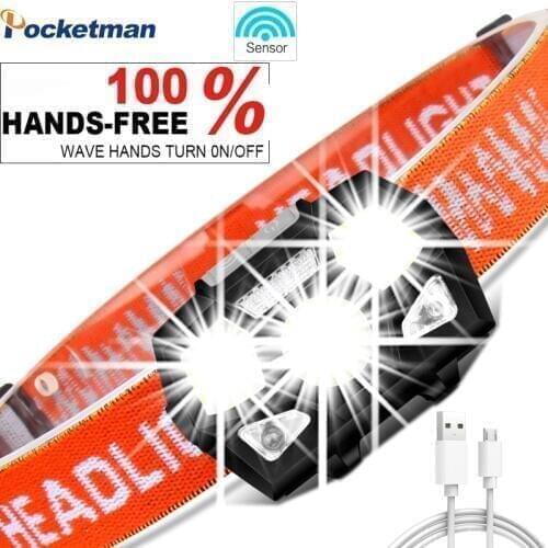 6000 lumens LED Headlamp Super Bright Motion Sensor Hands-free Powerful Headlight USB Rechargeable Waterproof head light