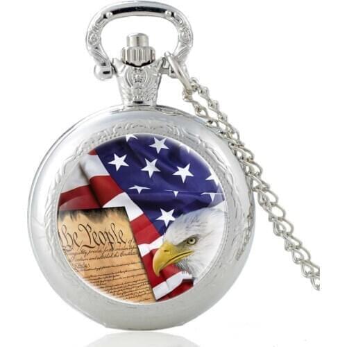 American Flag And Eagle Vintage Quartz Pocket Watch Men Women Unique Glass Cabochon Charm Pendant Necklace Hours Clock Gifts