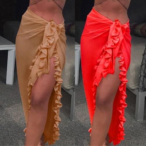 Women Ladies Summer Solid Color Beach Long Skirt Ruffles Sarong Wrap Bikini Cover Up Swimsuit High Waist Beach Vintage Skirts
