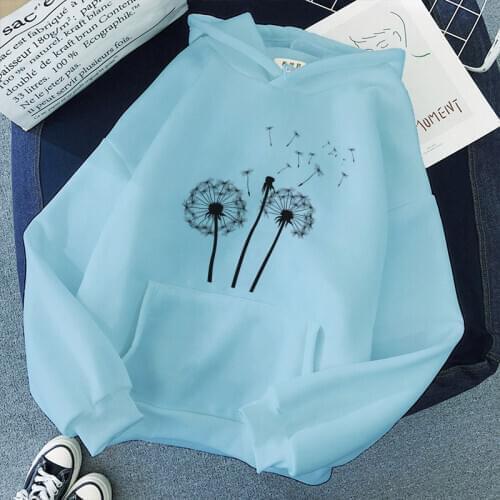 Women Sweatshirts Dandelion Print Oversized Hoodies Light Blue Top Harajuku Streetwear Female Winter Korean Hoodie Ins Pullovers