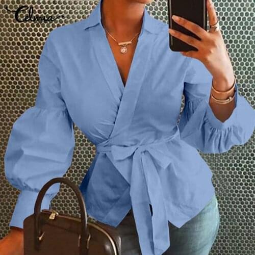 Celmia Women Tops and Blouses Fashion Vintage Lantern Sleeve Shirts Casual Loose V-Neck Elegant OL Tunic Blusas Belted