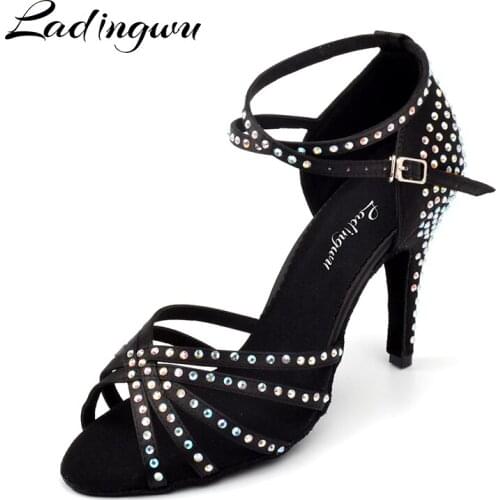 Ladingwu Dance Shoes Woman Salsa Rhinestone Latin Dance Shoes For Women Ballroom Shoes Dancing Soft Bottom Dance Sandals 10cm