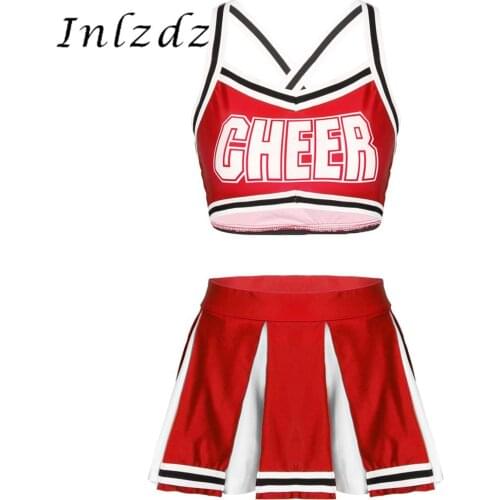 Women Adults Lingerie Cheerleader Costume Uniform Outfit Sleeveless Back Crossed Crop Top with High Waist Mini Pleated Skirt