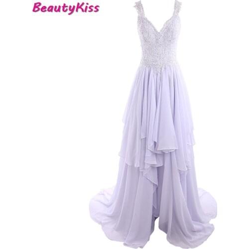 2020 Womens Lavender Chiffon Evening Dresses V-neck Pleated A-line Prom Party Gowns With Applique Candy Color