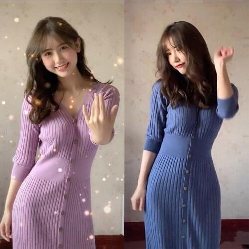 2021 autumn and winter new V-neck buttons Irregular self-cultivation temperament Joker one-piece knit dress women