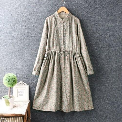 FairyNatural Women Rustic Flowers Print Vintage Dresses Spring Autumn Ladies Drawstring Cotton 100% Mori Girl Floral Robe Dress